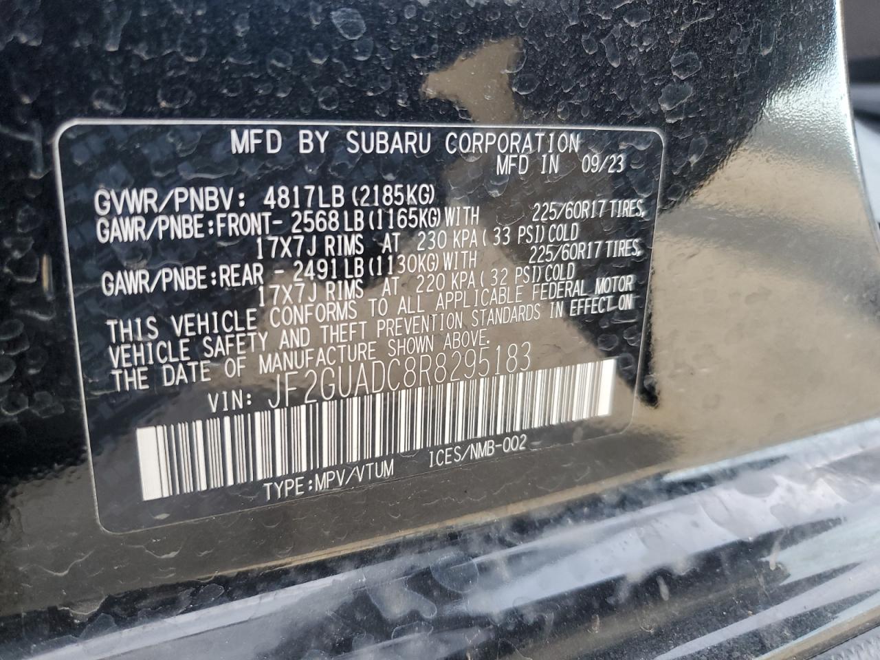 2024 SUBARU CROSSTREK PREMIUM VIN:JF2GUADC8R8295183