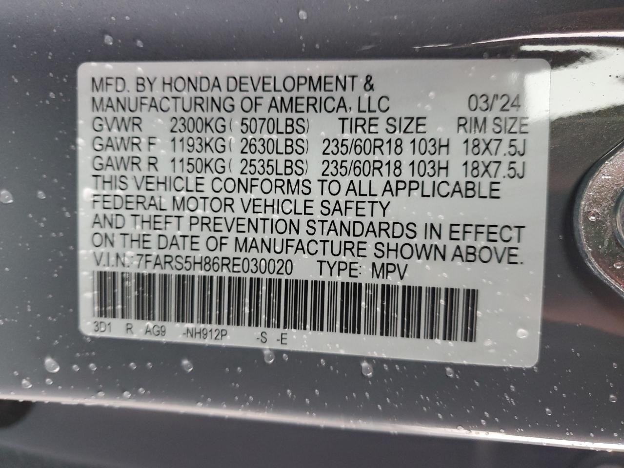 2024 HONDA CR-V SPORT-L VIN:7FARS5H86RE030020