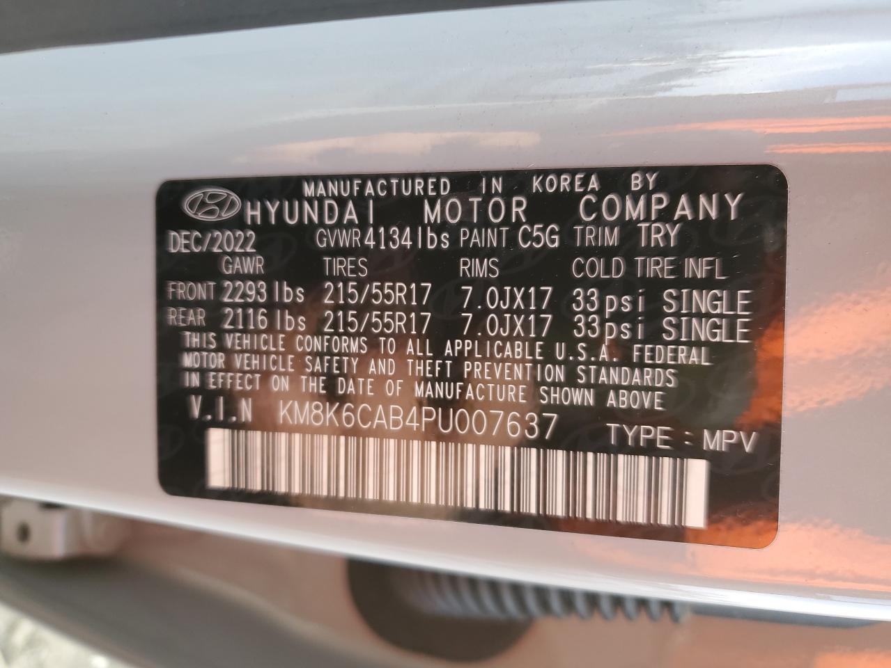 2023 HYUNDAI KONA SEL VIN:KM8K6CAB4PU007637