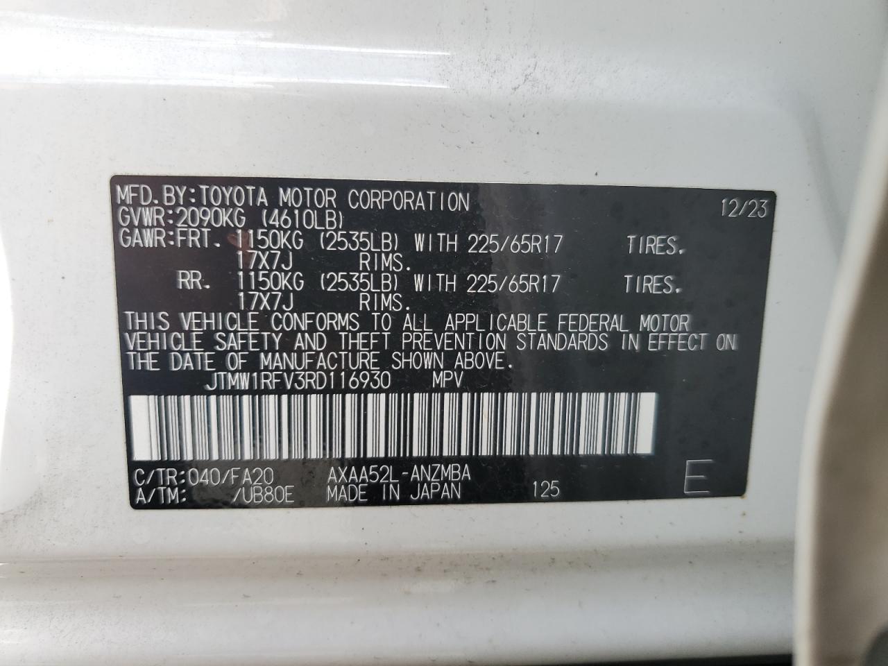 2024 TOYOTA RAV4 XLE VIN:JTMW1RFV3RD116930