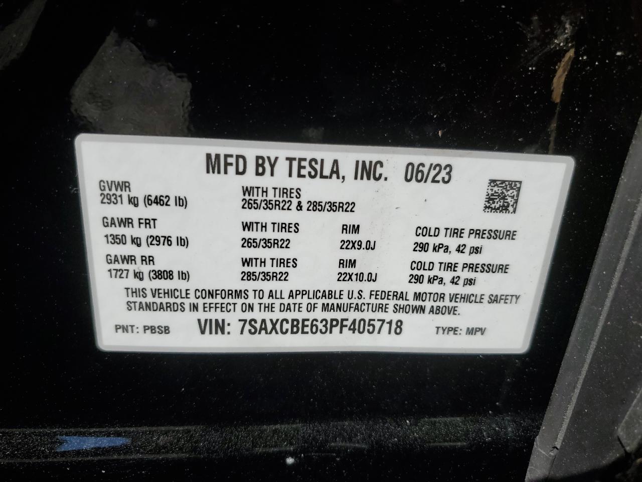 2023 TESLA MODEL X VIN:7SAXCBE63PF405718