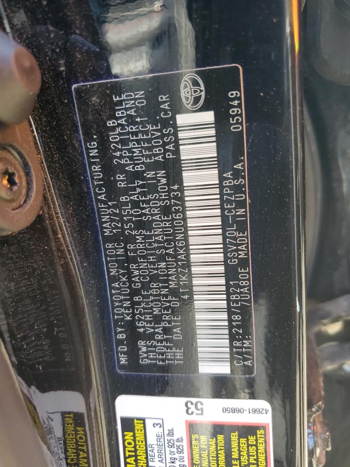 2022 TOYOTA CAMRY TRD VIN:4T1KZ1AK6NU063734