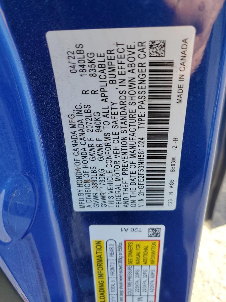 2022 HONDA CIVIC SPORT VIN:2HGFE2F53NH581024