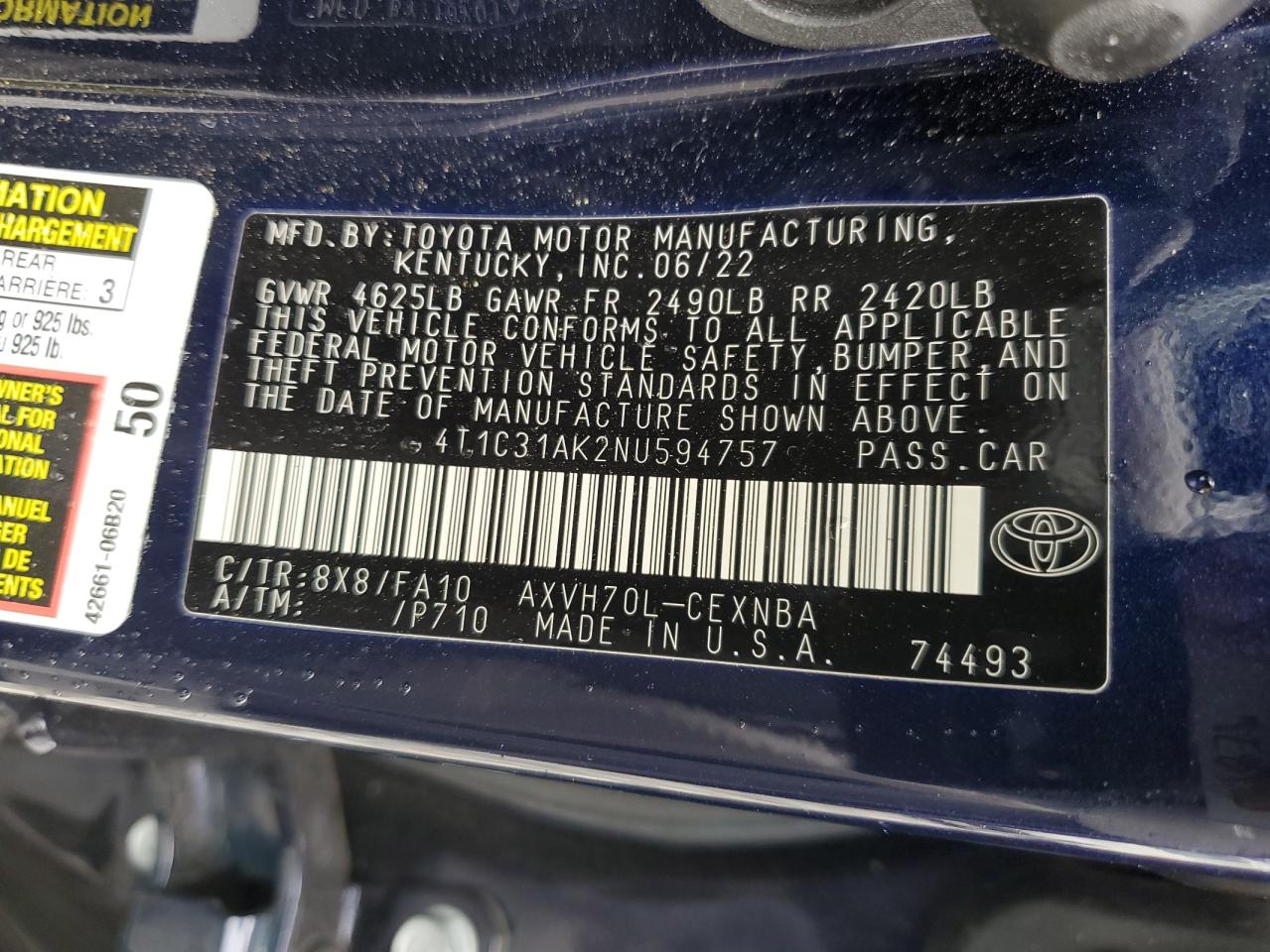 2022 TOYOTA CAMRY LE VIN:4T1C31AK2NU594757
