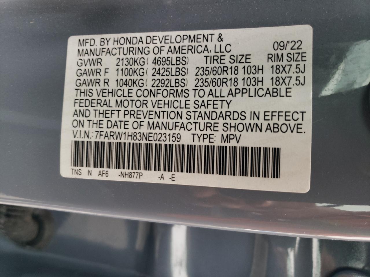 2022 HONDA CR-V EXL VIN:7FARW1H83NE023159