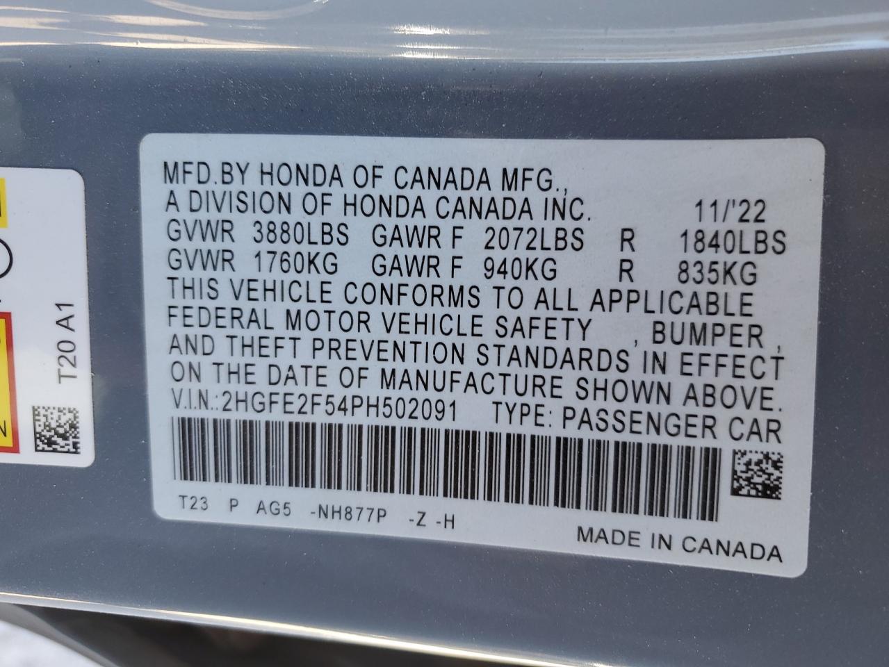 2023 HONDA CIVIC SPORT VIN:2HGFE2F54PH502091