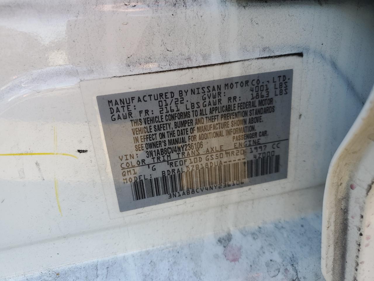 2022 NISSAN SENTRA SV VIN:3N1AB8CV4NY236106