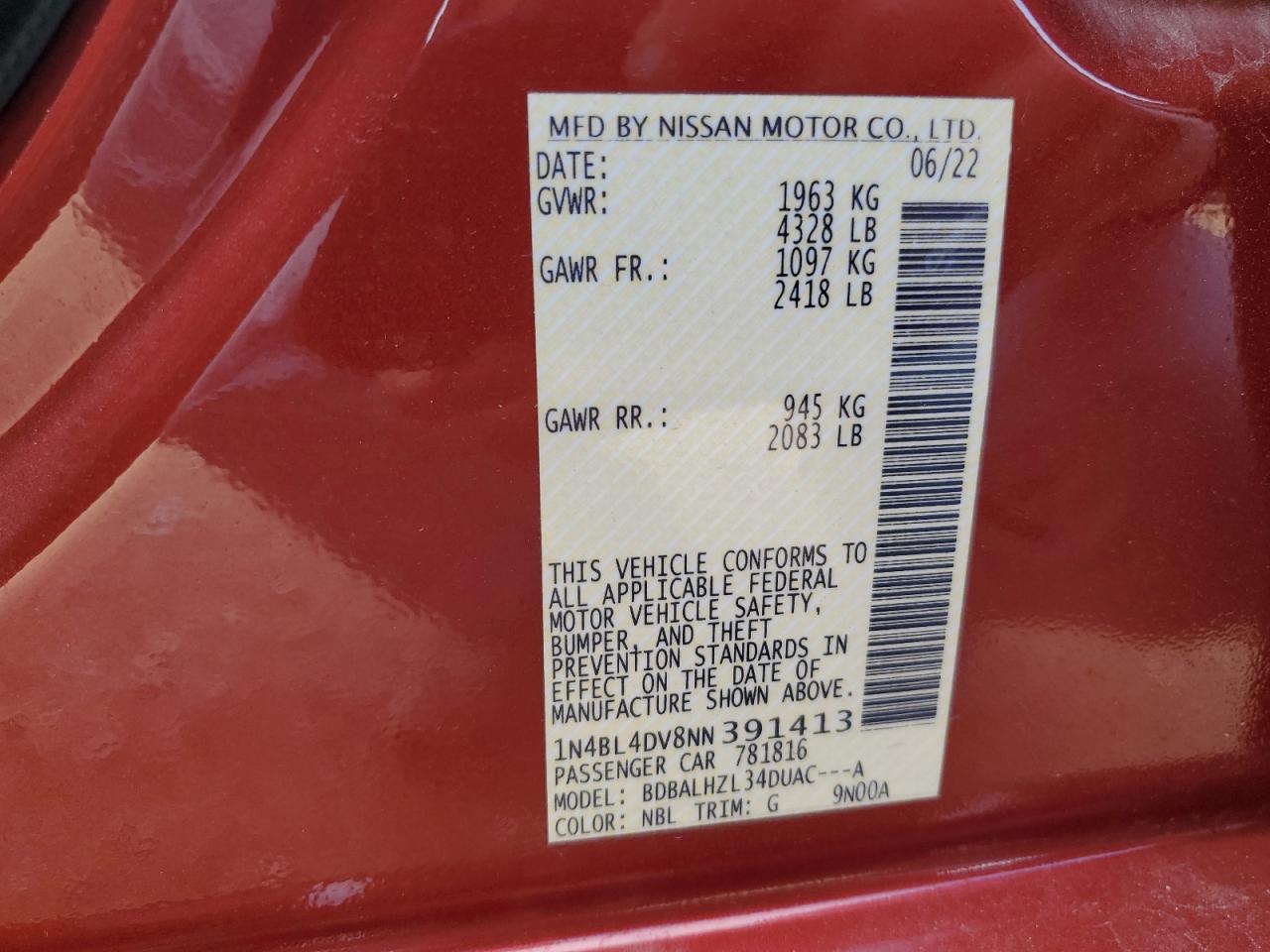 2022 NISSAN ALTIMA SV VIN:1N4BL4DV8NN391413
