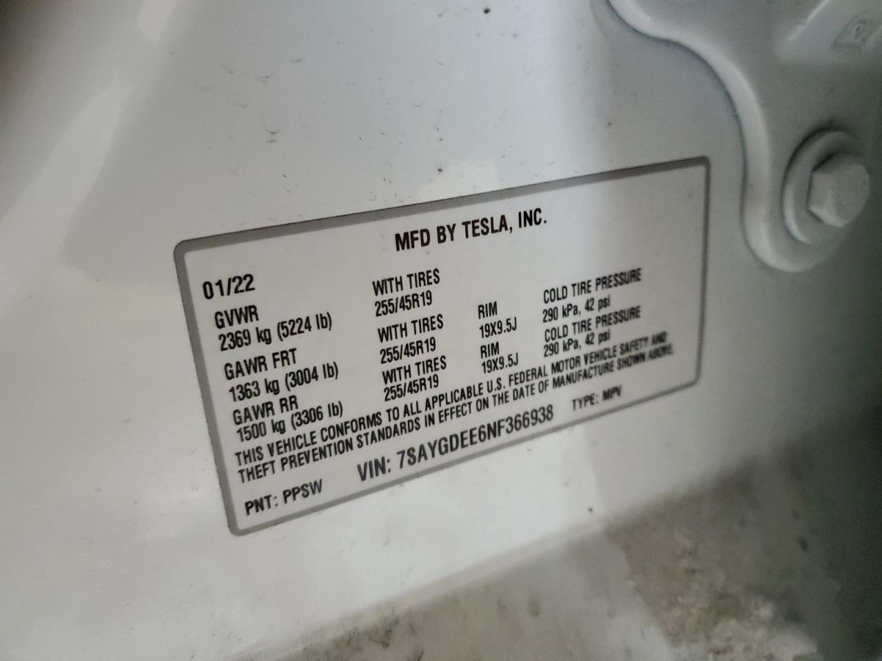 2022 TESLA MODEL Y VIN:7SAYGDEE6NF366938