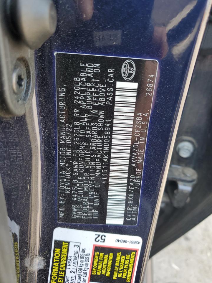 2022 TOYOTA CAMRY SE VIN:4T1G11AK1NU058941