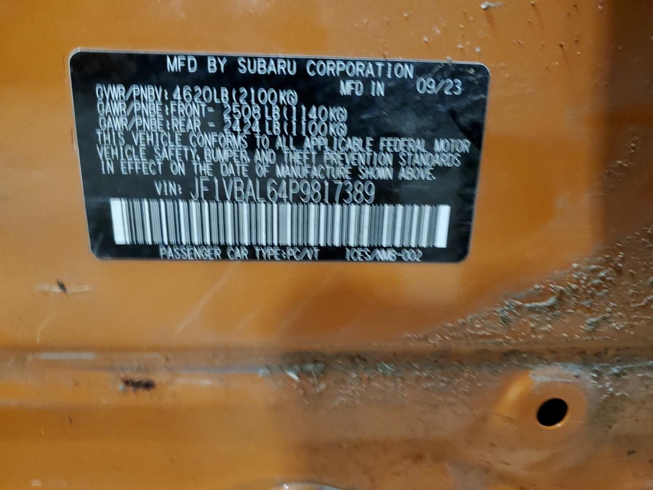 2023 SUBARU WRX LIMITED VIN:JF1VBAL64P9817389