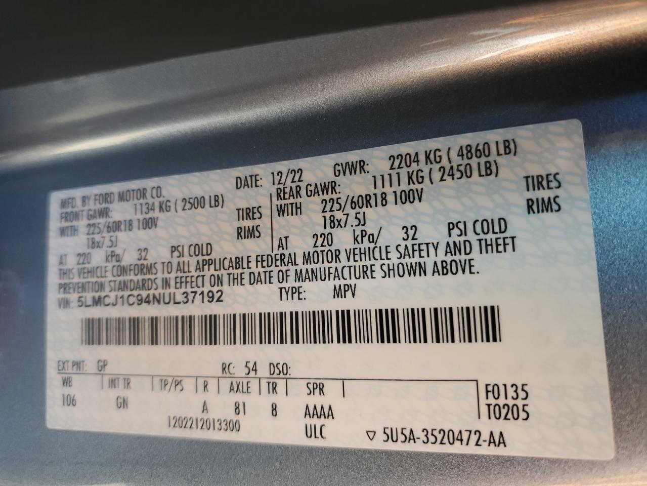 2022 LINCOLN CORSAIR VIN:5LMCJ1C94NUL37192