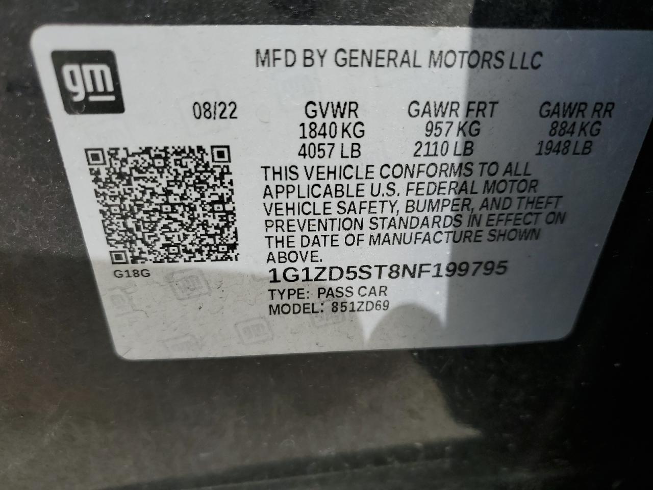 2022 CHEVROLET MALIBU LT VIN:1G1ZD5ST8NF199795