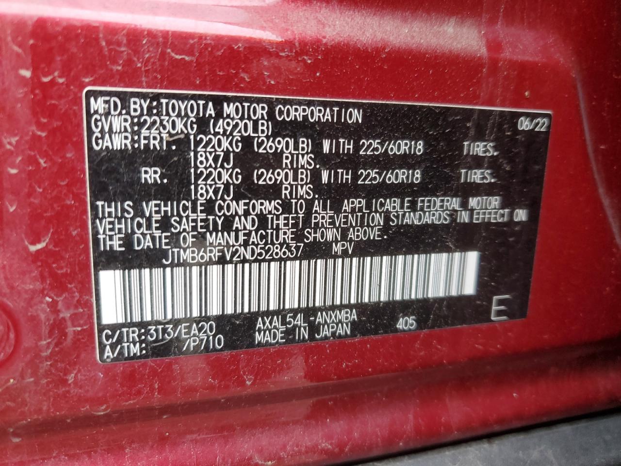 2022 TOYOTA RAV4 XLE PREMIUM VIN:JTMB6RFV2ND528637