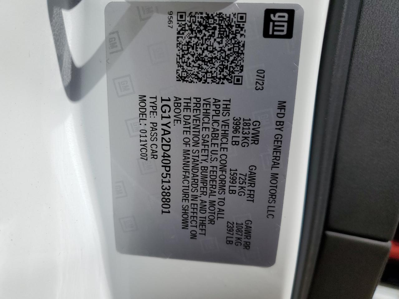 2023 CHEVROLET CORVETTE STINGRAY 1LT VIN:1G1YA2D40P5138801