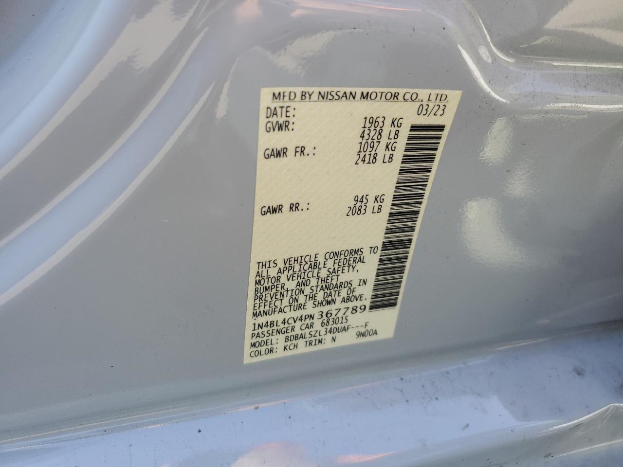 2023 NISSAN ALTIMA SR VIN:1N4BL4CV4PN367789