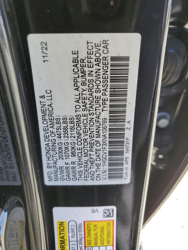 2022 HONDA ACCORD SPORT VIN:1HGCV1F3XNA106769