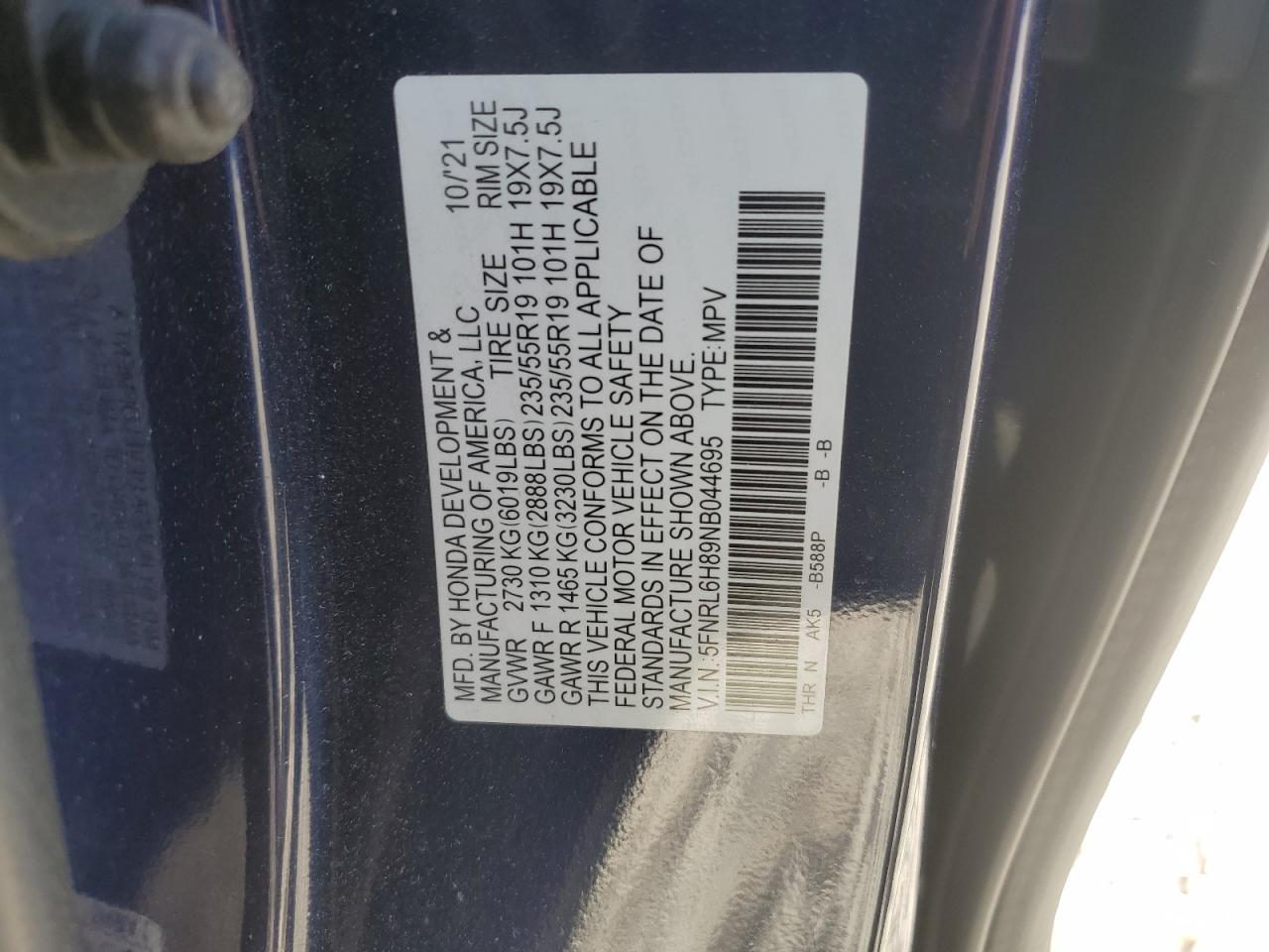 2022 HONDA ODYSSEY TOURING VIN:5FNRL6H89NB044695