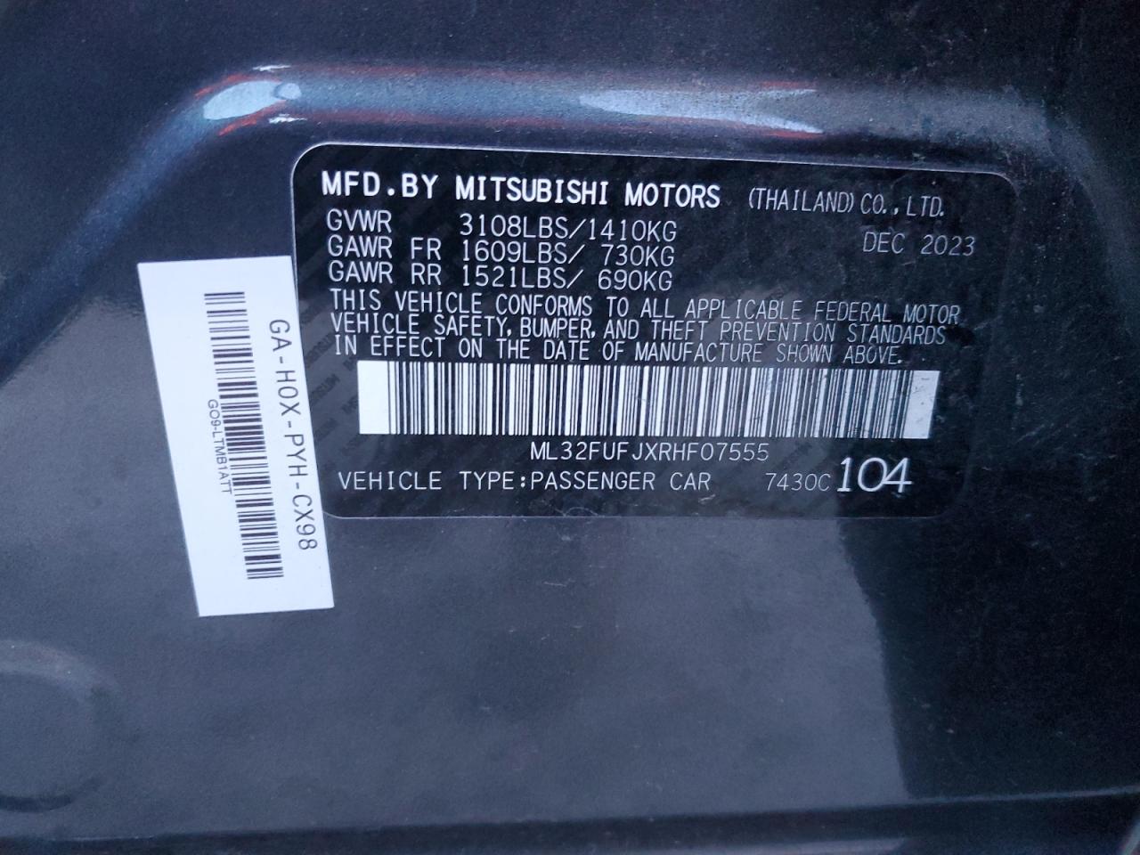 2024 MITSUBISHI MIRAGE G4 ES VIN:ML32FUFJXRHF07555