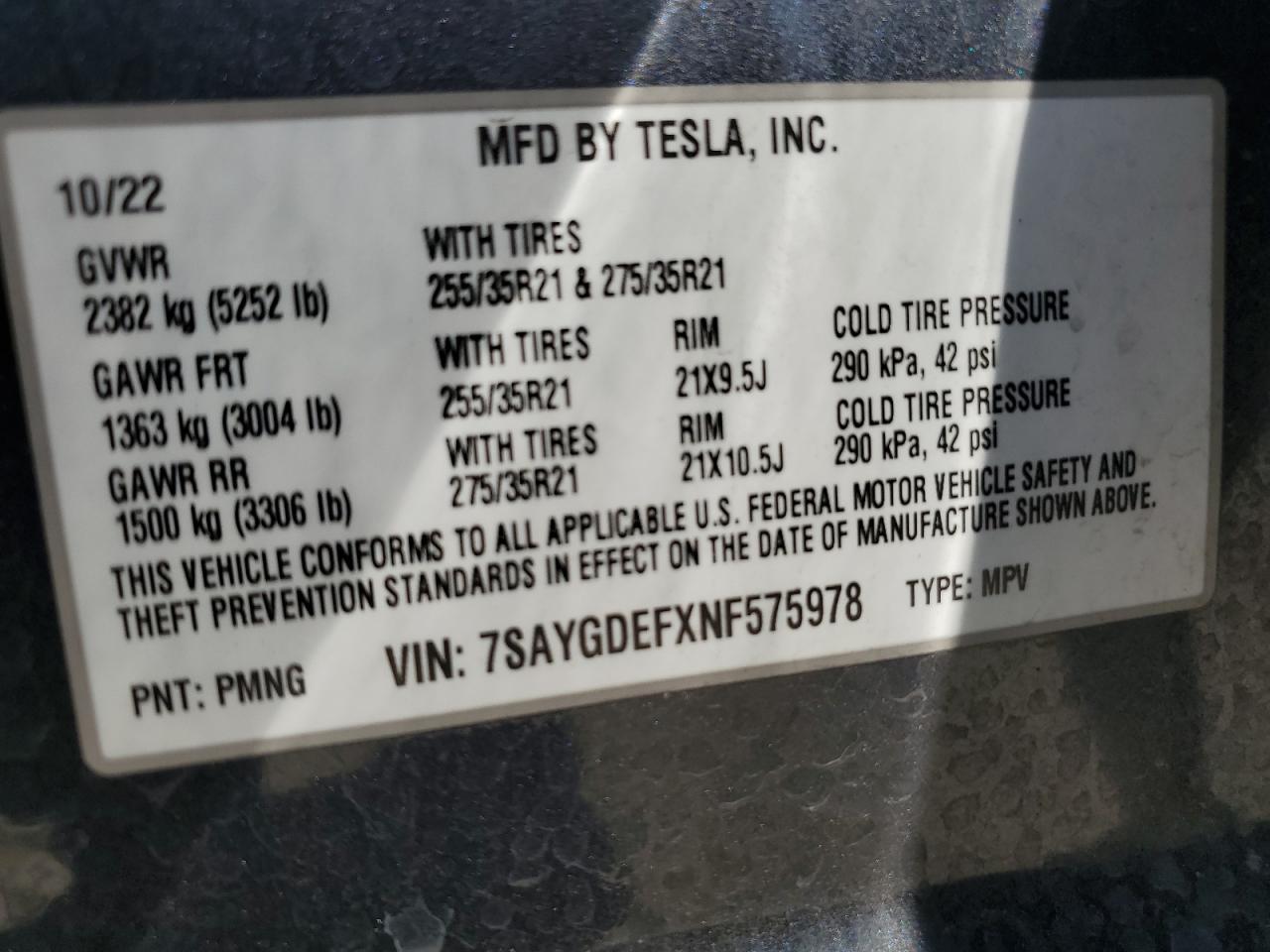 2022 TESLA MODEL Y VIN:7SAYGDEFXNF575978
