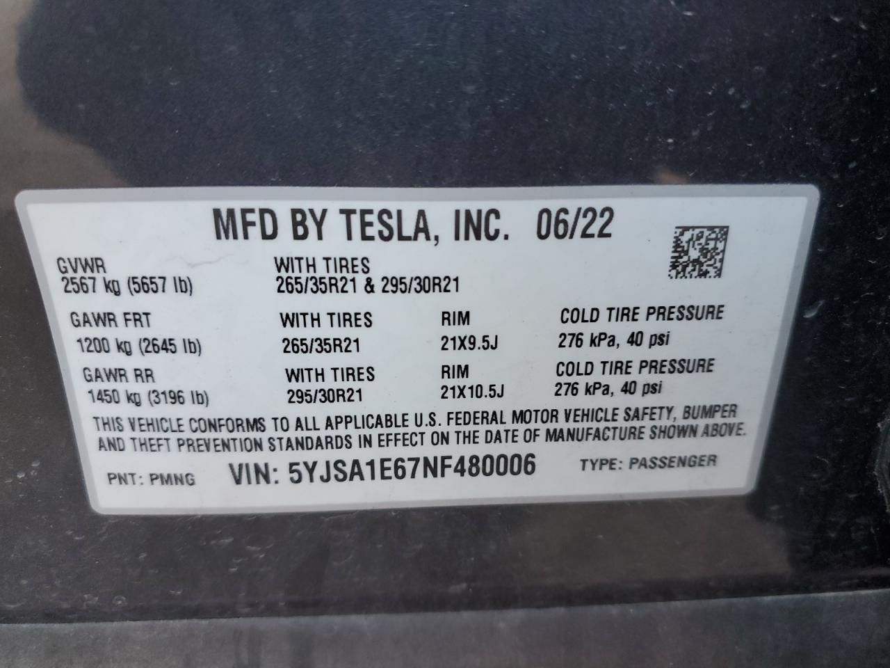 2022 TESLA MODEL S VIN:5YJSA1E67NF480006