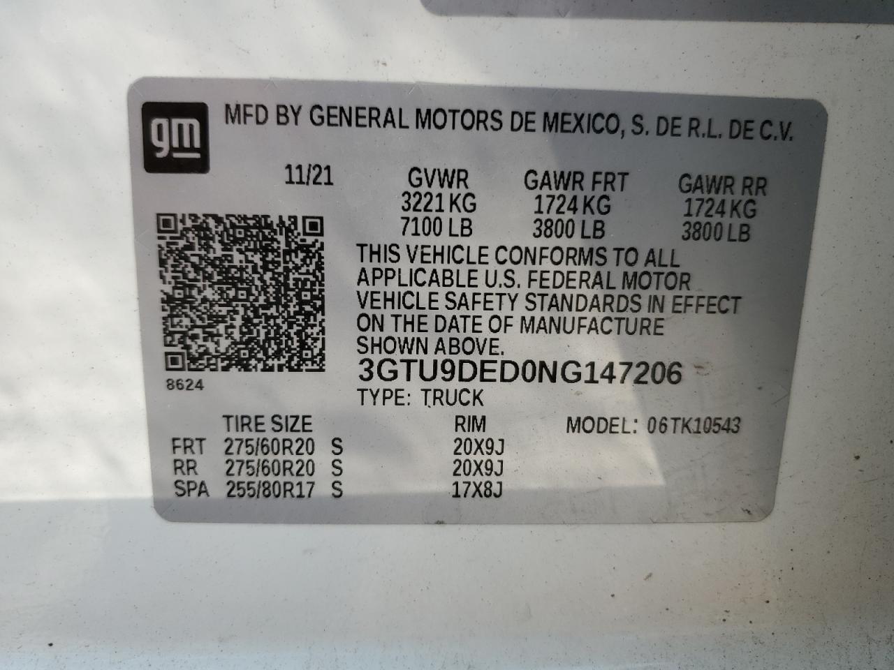 2022 GMC SIERRA LIMITED K1500 SLT VIN:3GTU9DED0NG147206