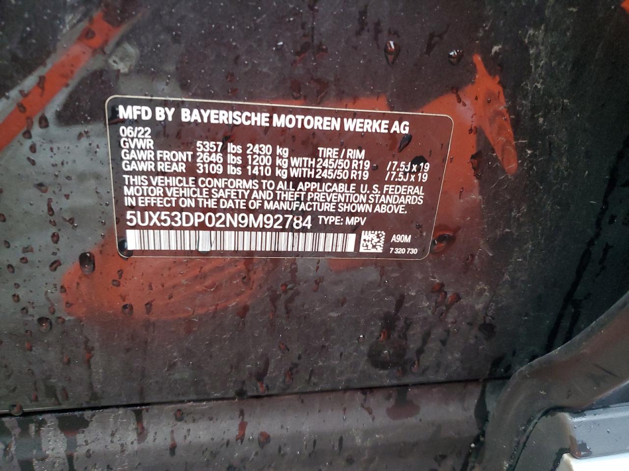 2022 BMW X3 XDRIVE30I VIN:5UX53DP02N9M92784