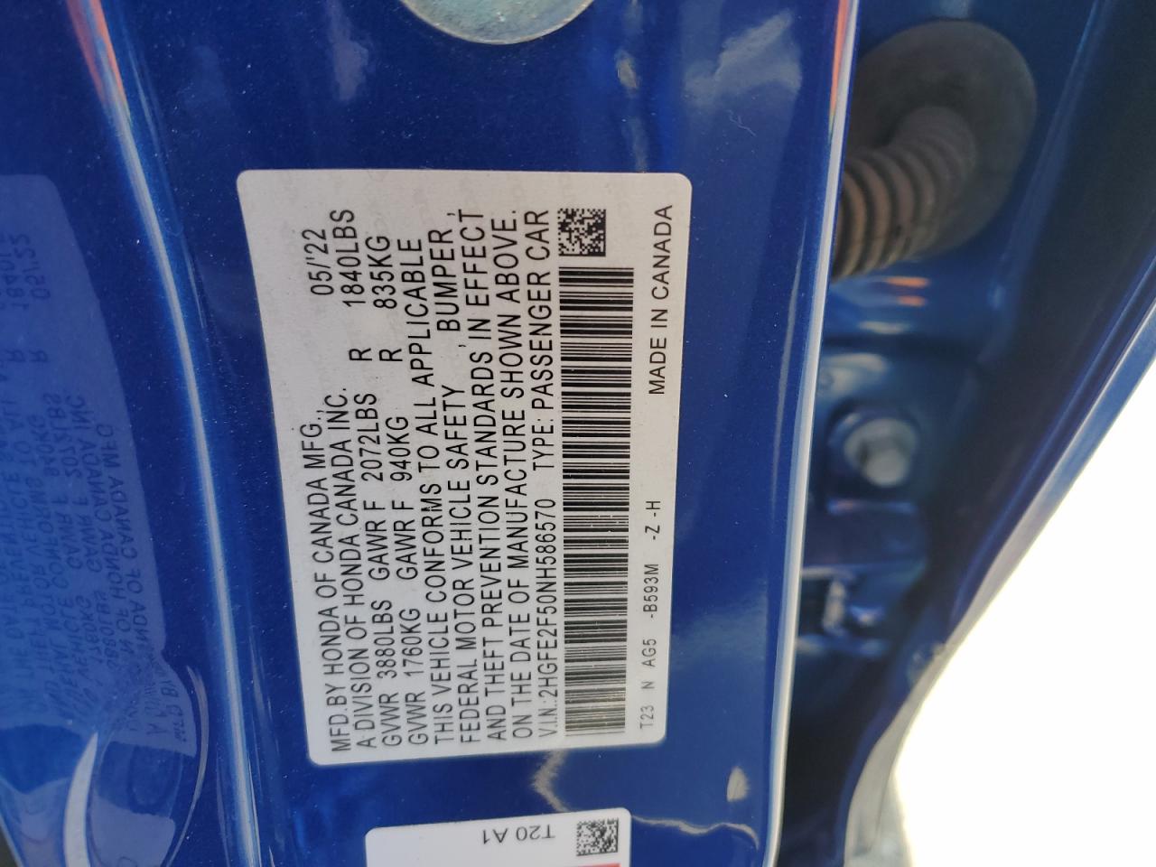 2022 HONDA CIVIC SPORT VIN:2HGFE2F50NH586570