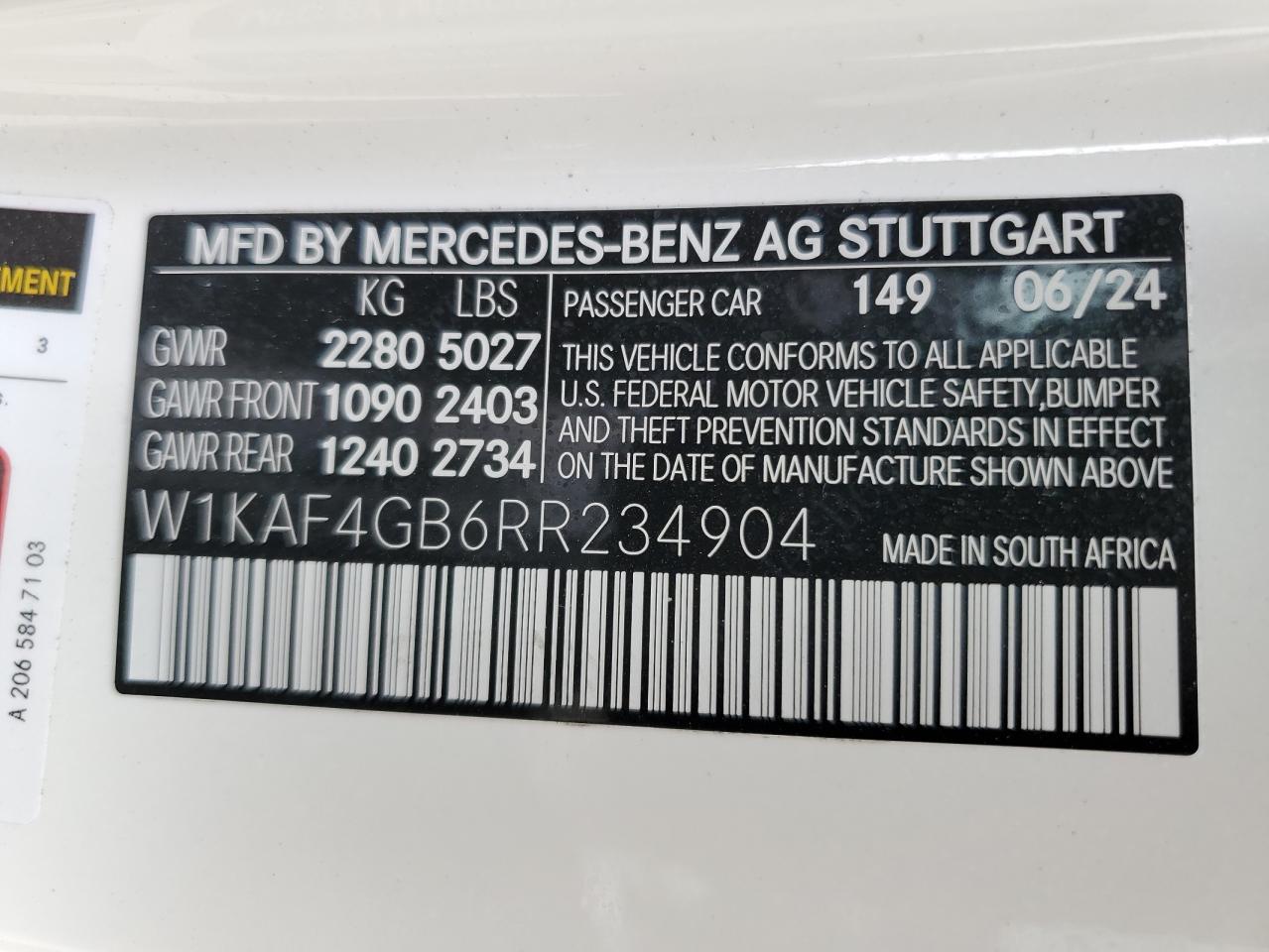 2024 MERCEDES-BENZ C 300 VIN:W1KAF4GB6RR234904