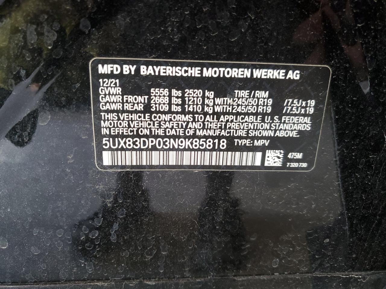 2022 BMW X3 M40I VIN:5UX83DP03N9K85818