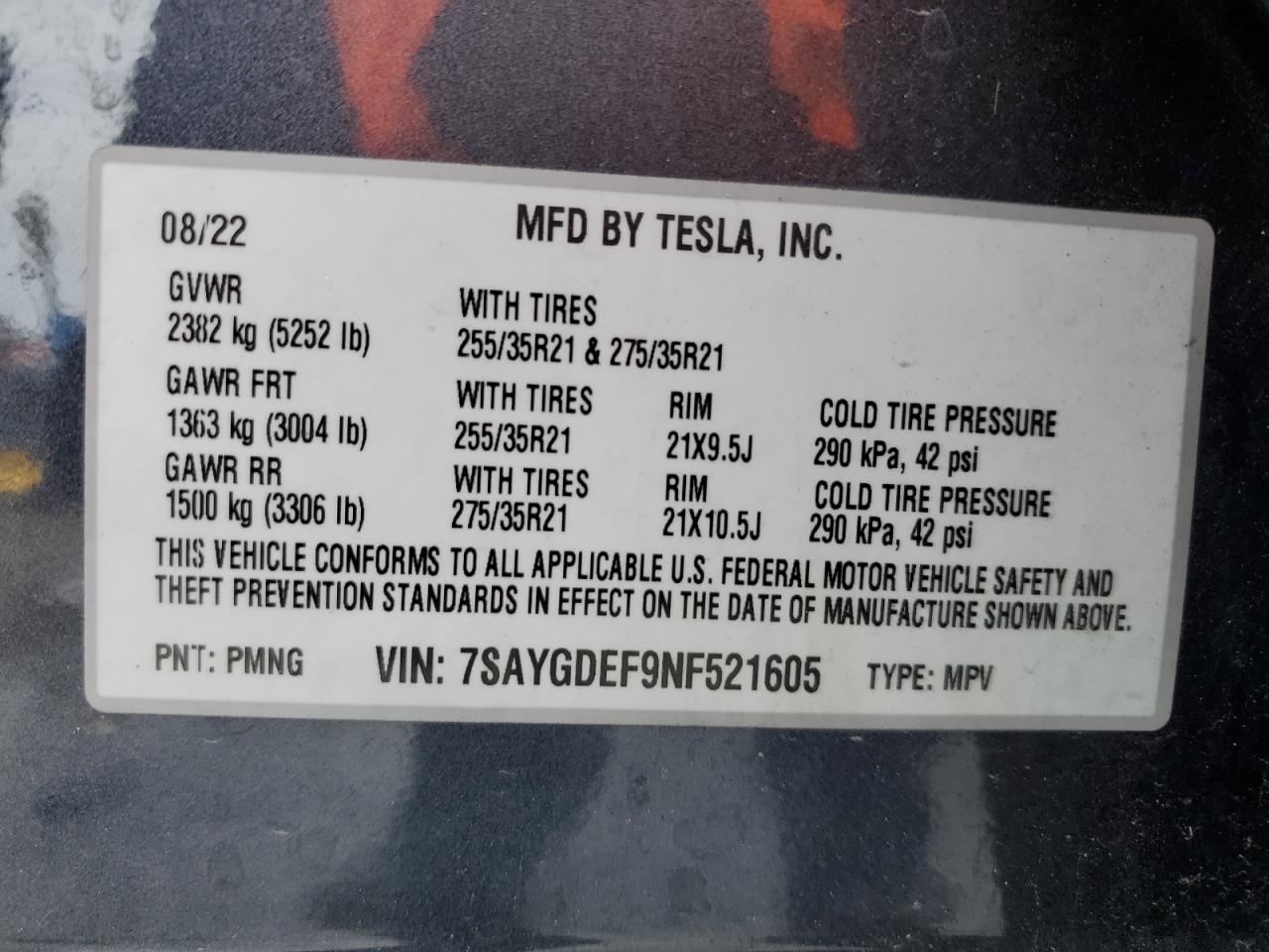 2022 TESLA MODEL Y VIN:7SAYGDEF9NF521605