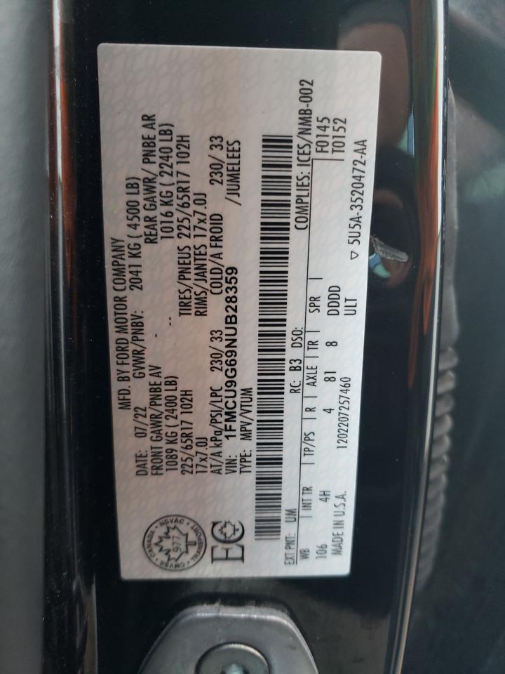 2022 FORD ESCAPE SE VIN:1FMCU9G69NUB28359