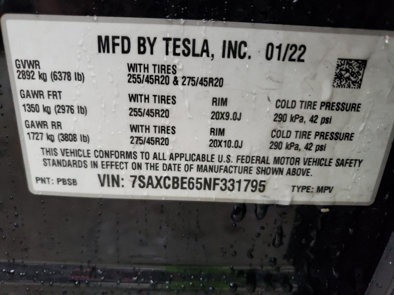 2022 TESLA MODEL X VIN:7SAXCBE65NF331795