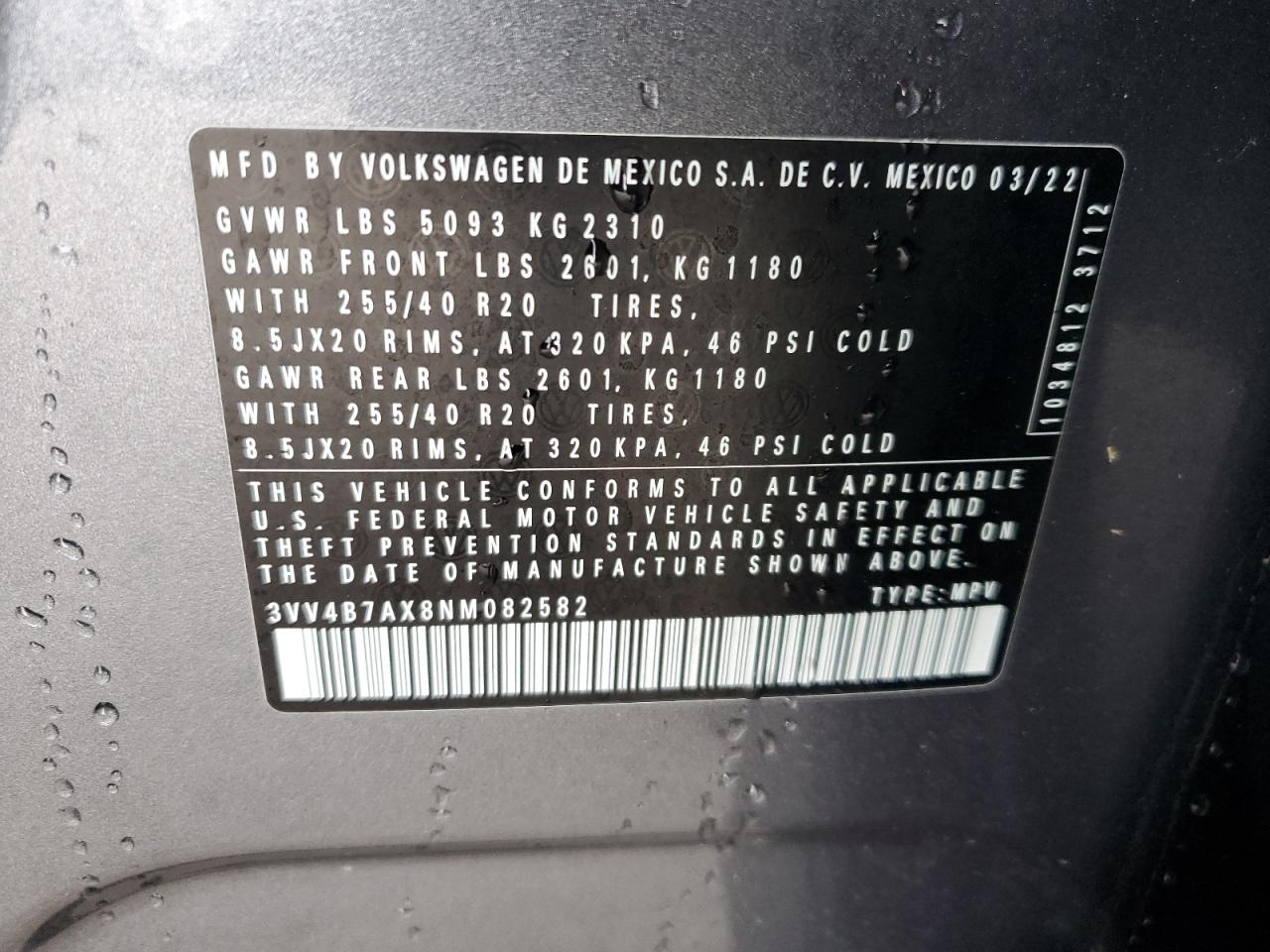 2022 VOLKSWAGEN TIGUAN SEL R-LINE VIN:3VV4B7AX8NM082582