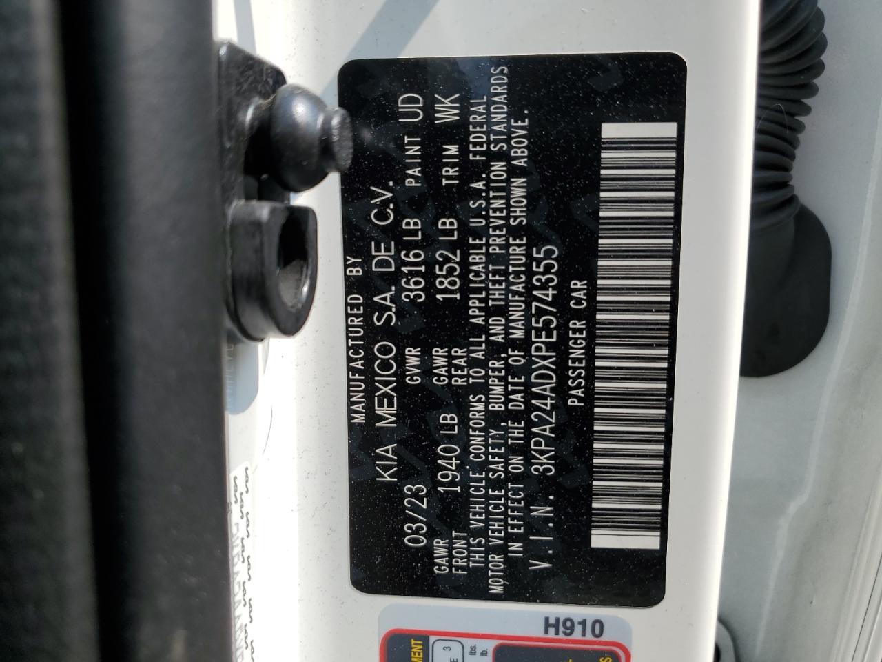 2023 KIA RIO LX VIN:3KPA24ADXPE574355