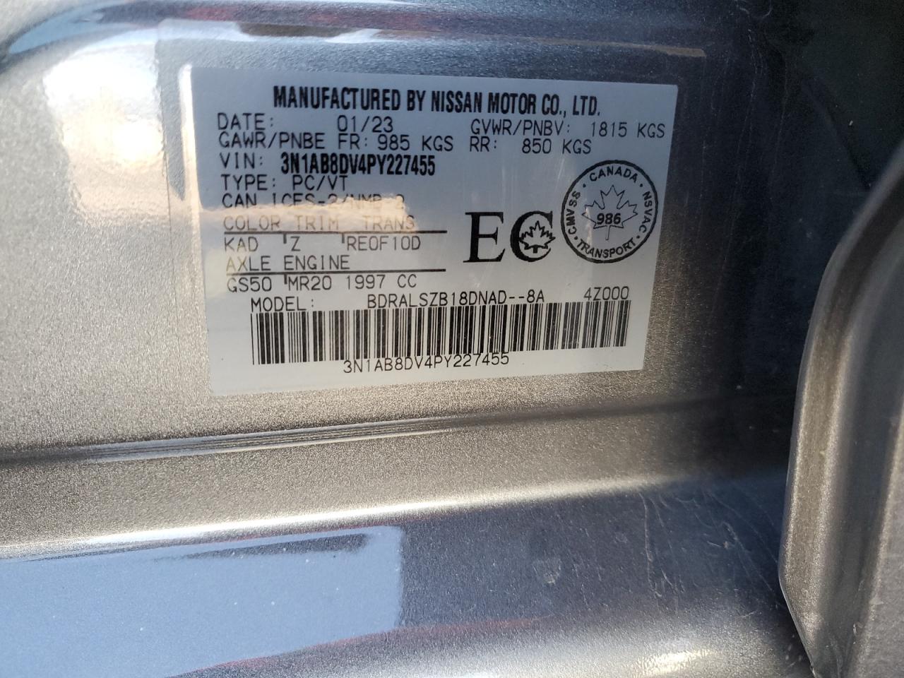 2023 NISSAN SENTRA SR VIN:3N1AB8DV4PY227455