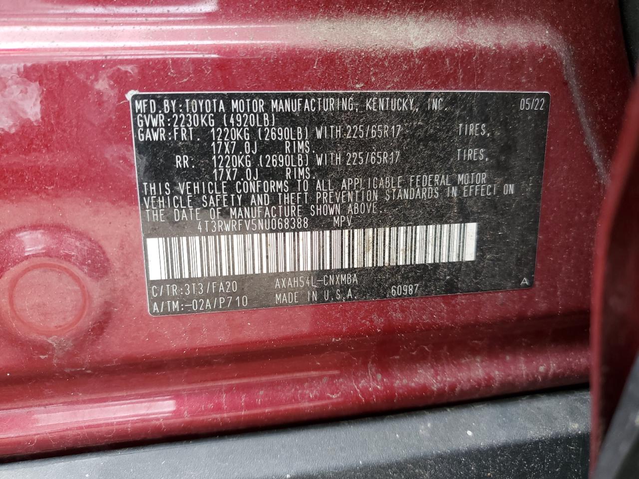 2022 TOYOTA RAV4 XLE VIN:4T3RWRFV5NU068388