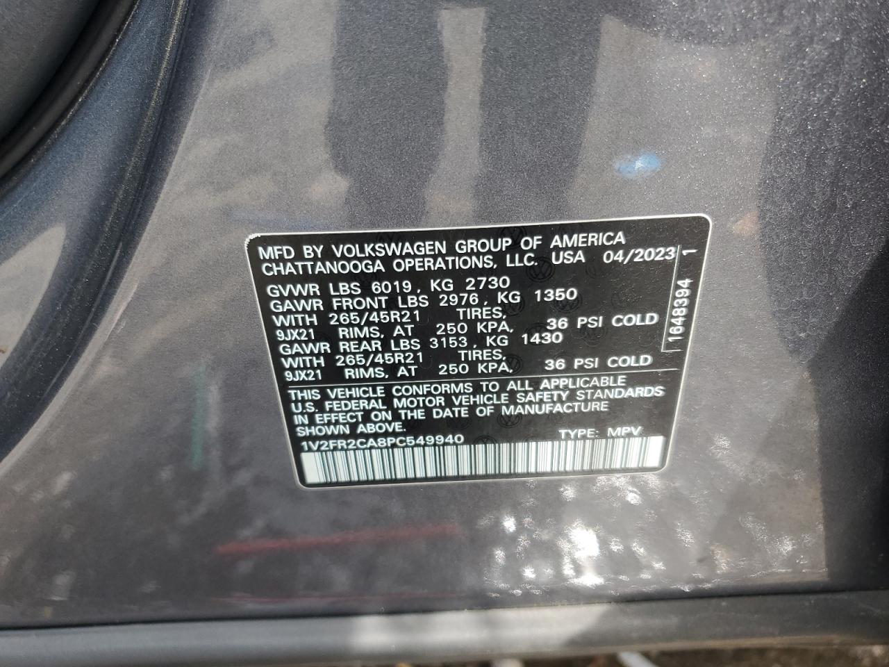 2023 VOLKSWAGEN ATLAS SEL PREMIUM R-LINE VIN:1V2FR2CA8PC549940