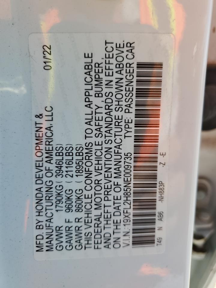 2022 HONDA CIVIC SPORT VIN:19XFL2H85NE009735