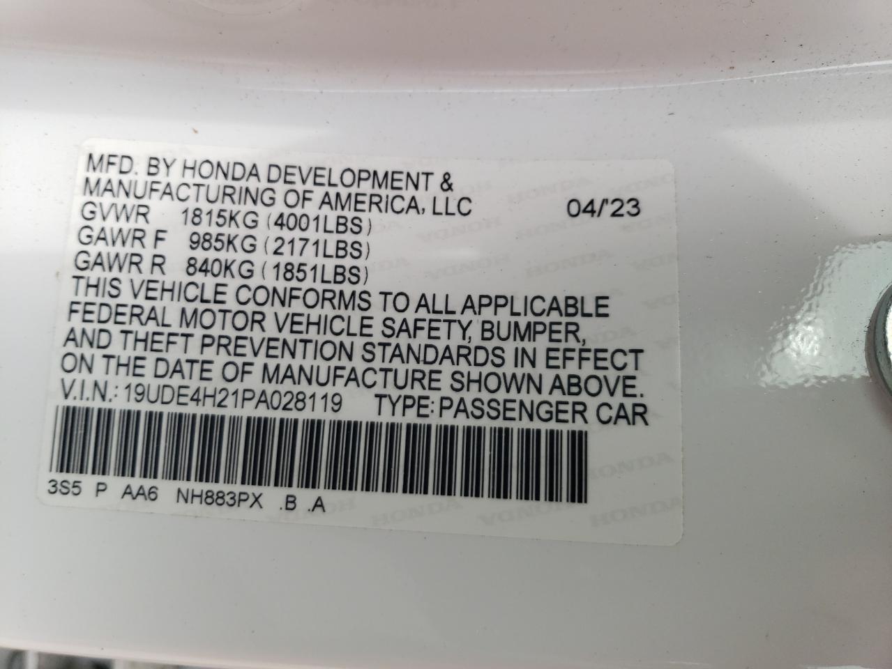 2023 ACURA INTEGRA VIN:WP0AA2A8XNS255297