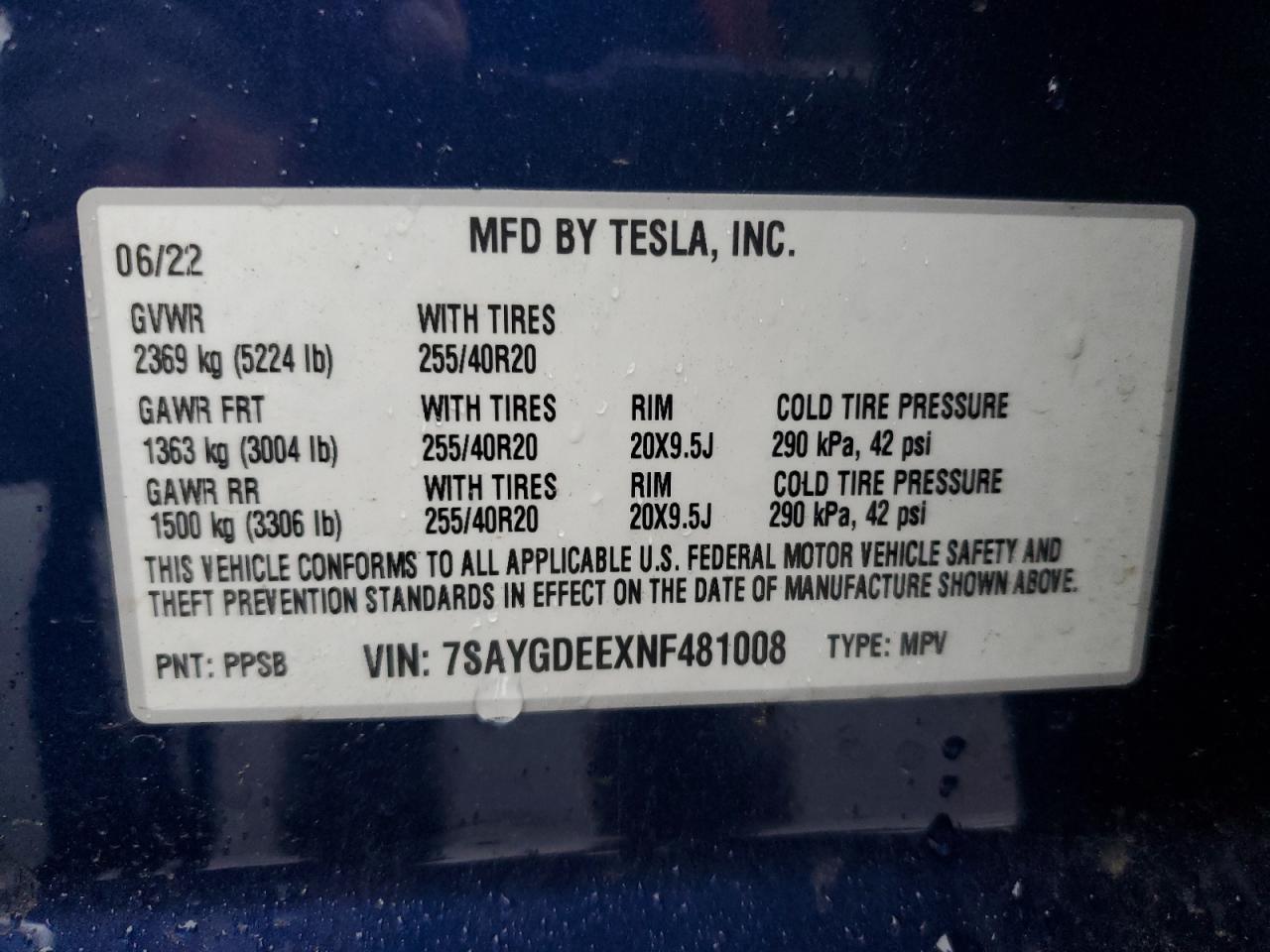 2022 TESLA MODEL Y VIN:7SAYGDEEXNF481008