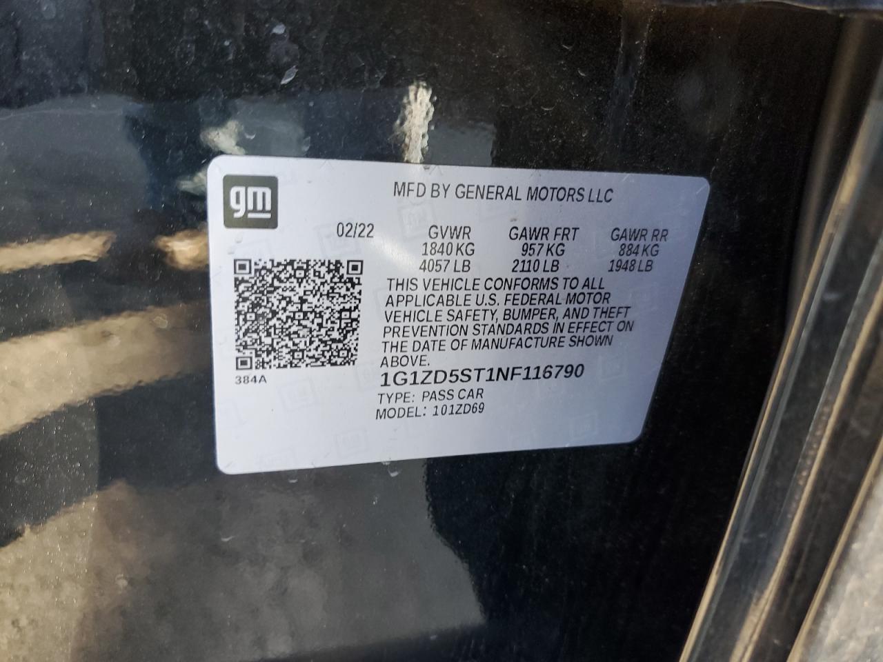 2022 CHEVROLET MALIBU LT VIN:1G1ZD5ST1NF116790