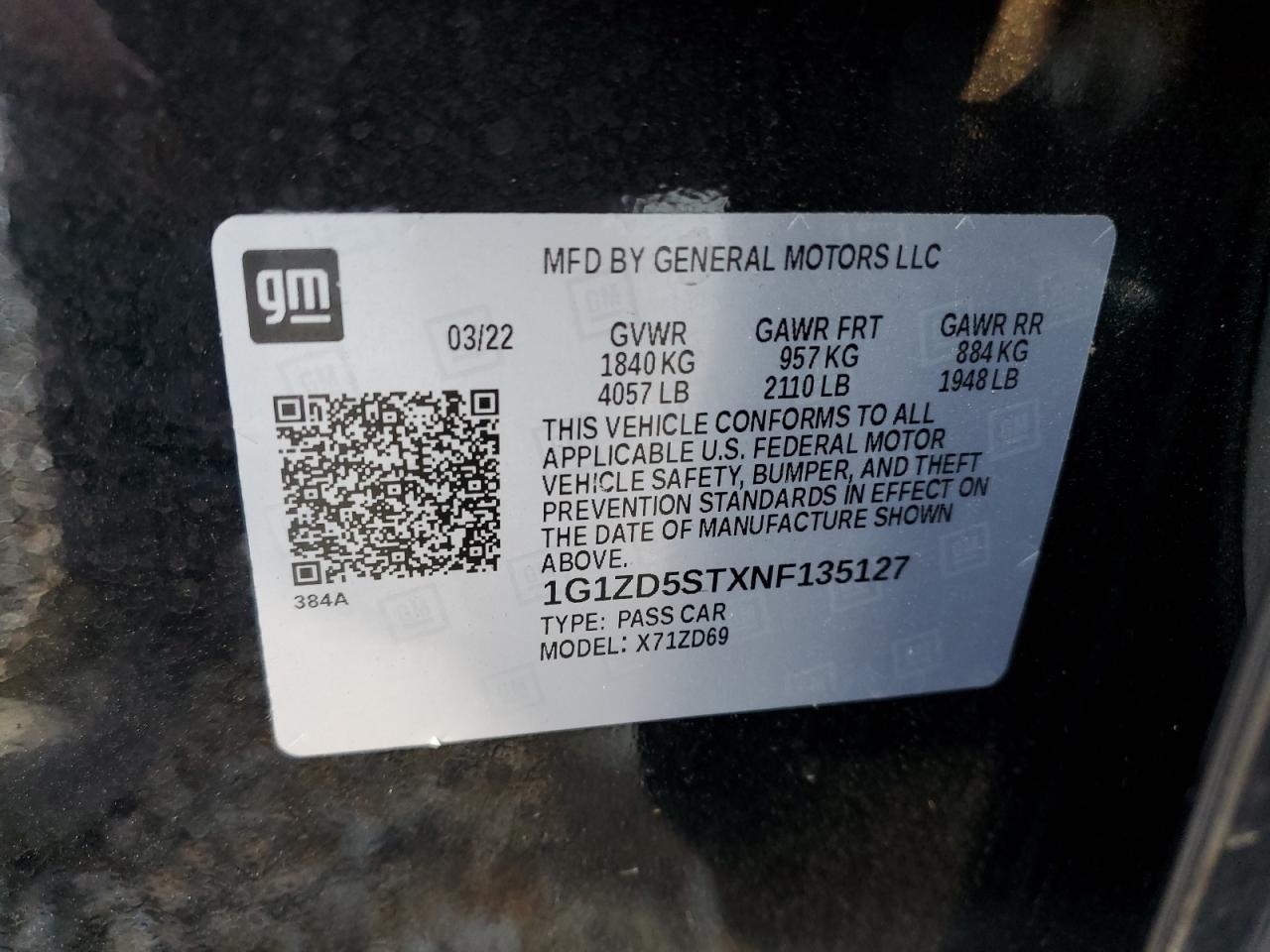 2022 CHEVROLET MALIBU LT VIN:1G1ZD5STXNF135127