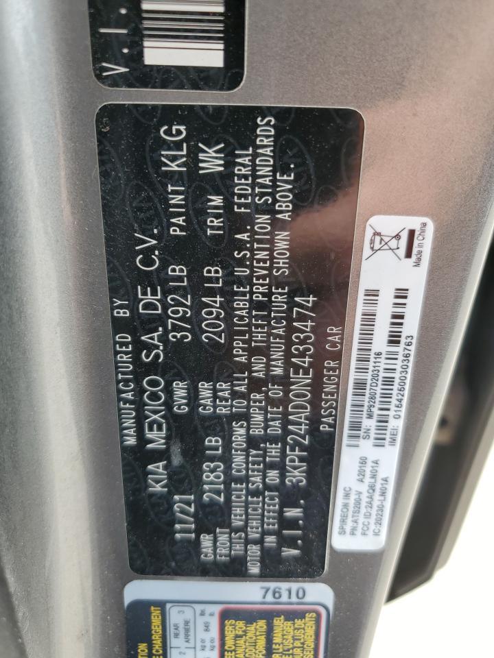 2022 KIA FORTE FE VIN:3KPF24AD0NE433474