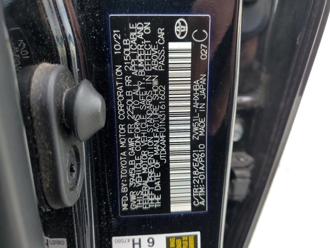 2022 TOYOTA PRIUS NIGHT SHADE VIN:JTDKAMFU1N3161602