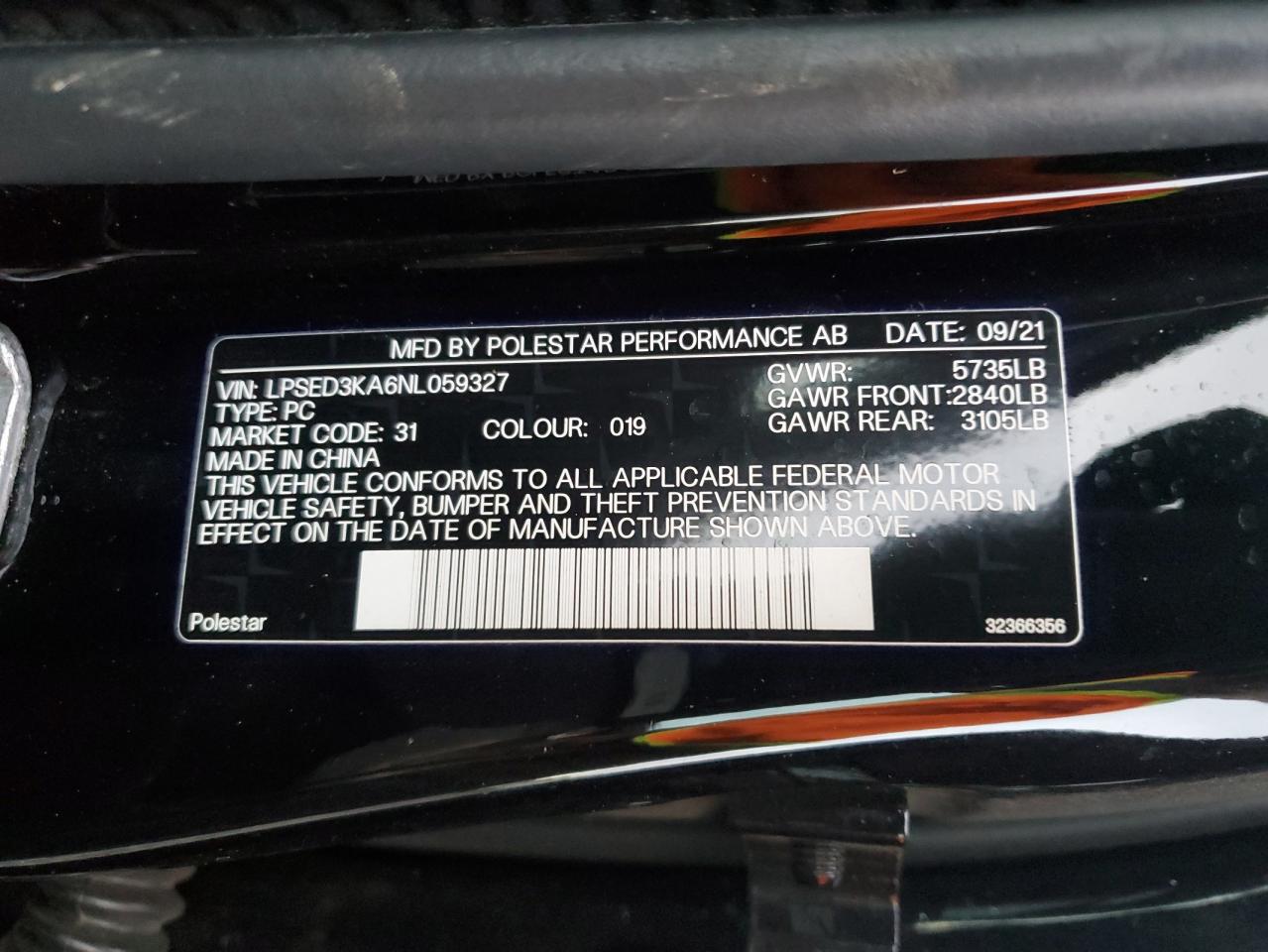 2022 POLESTAR 2 VIN:LPSED3KA6NL059327