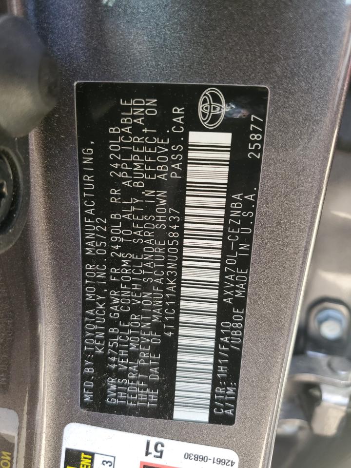 2022 TOYOTA CAMRY LE VIN:4T1C11AK3NU058437