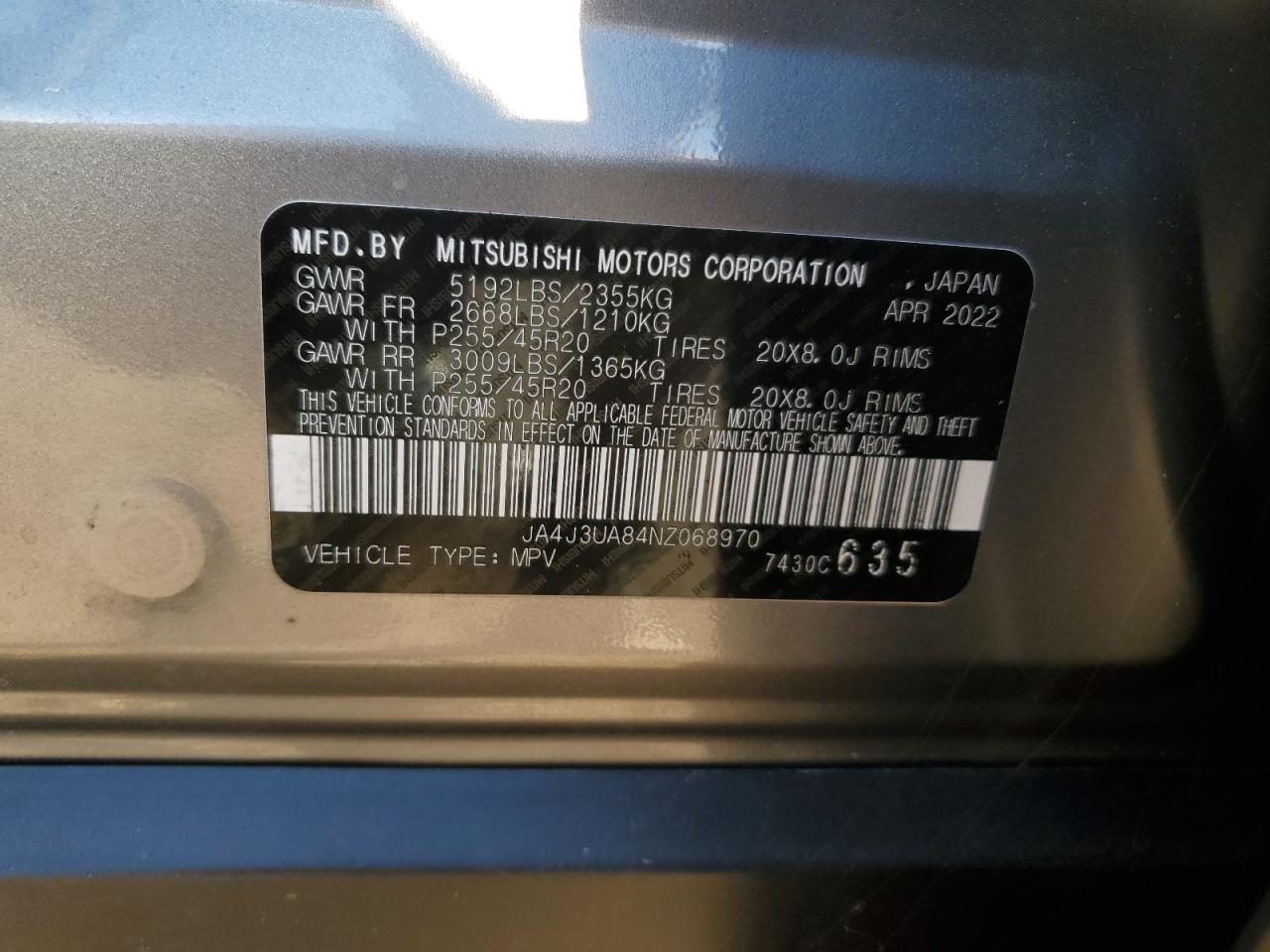 2022 MITSUBISHI OUTLANDER SE VIN:JA4J3UA84NZ068970