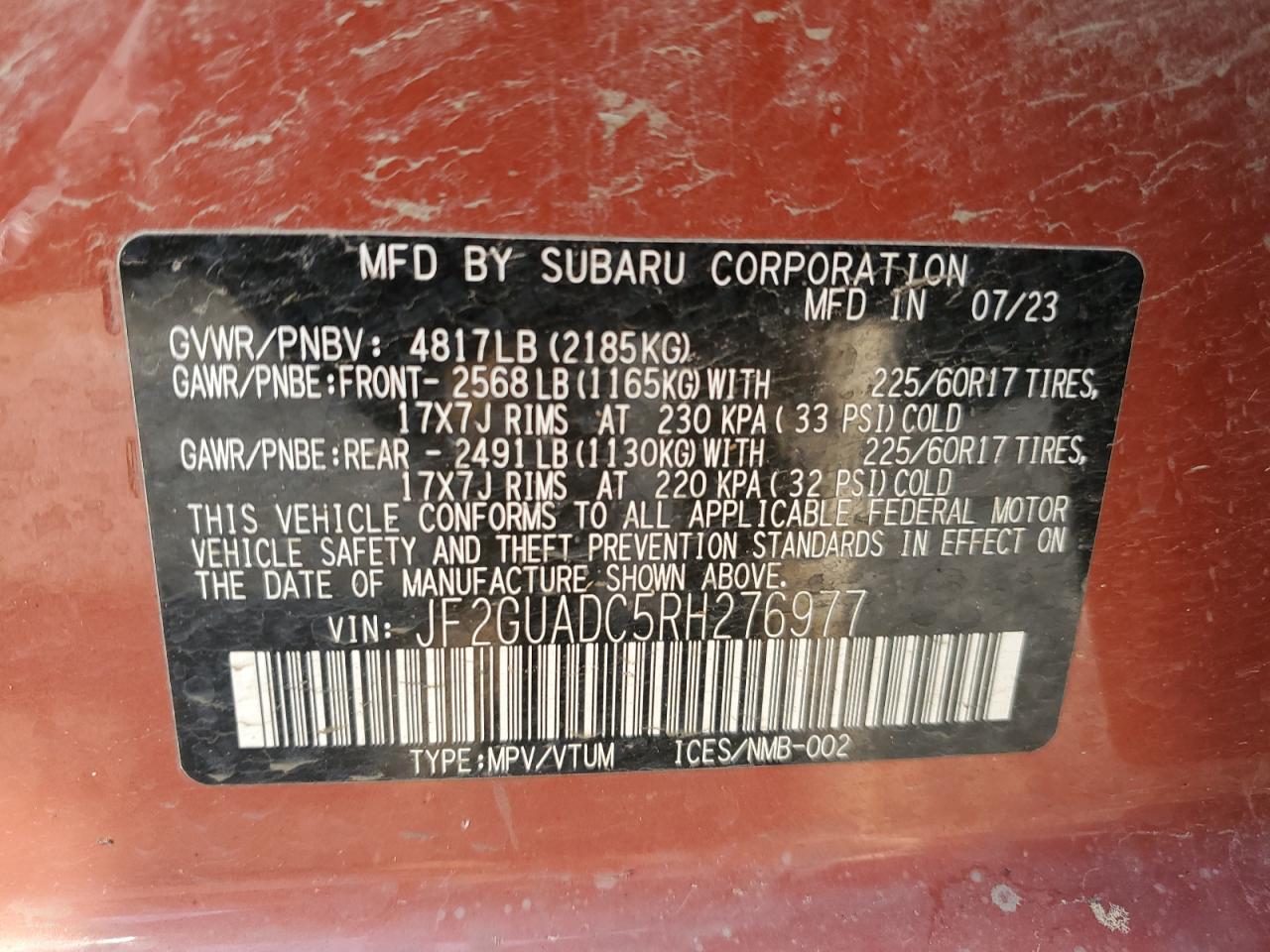 2024 SUBARU CROSSTREK PREMIUM VIN:JF2GUADC5RH276977