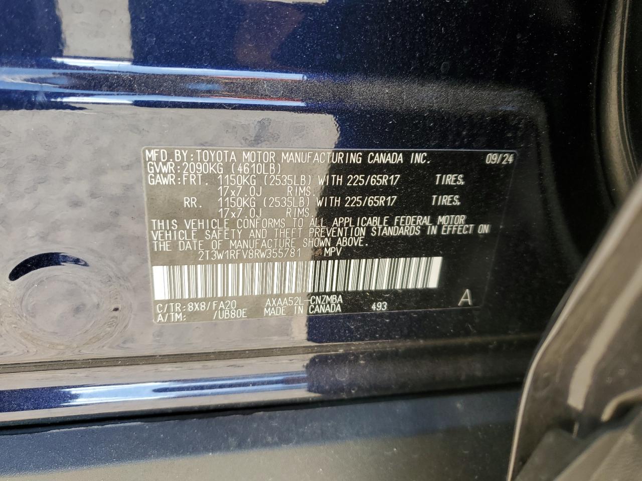 2024 TOYOTA RAV4 XLE VIN:2T3W1RFV8RW355781